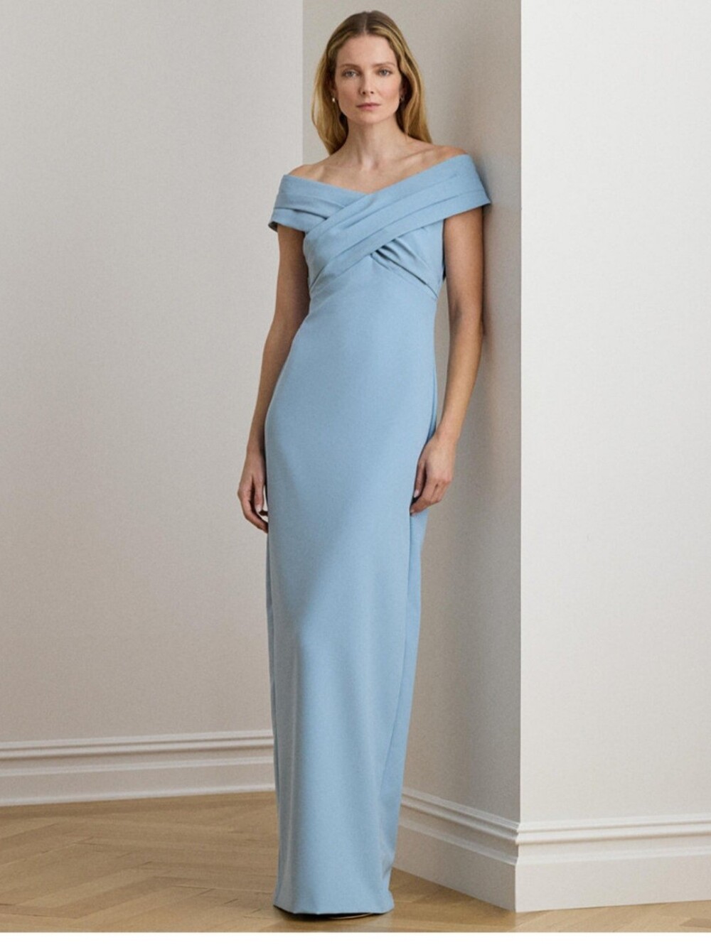Ralph Lauren Crepe Off The -Shoulder Pale Blue Evening Gown Size 8 NWT